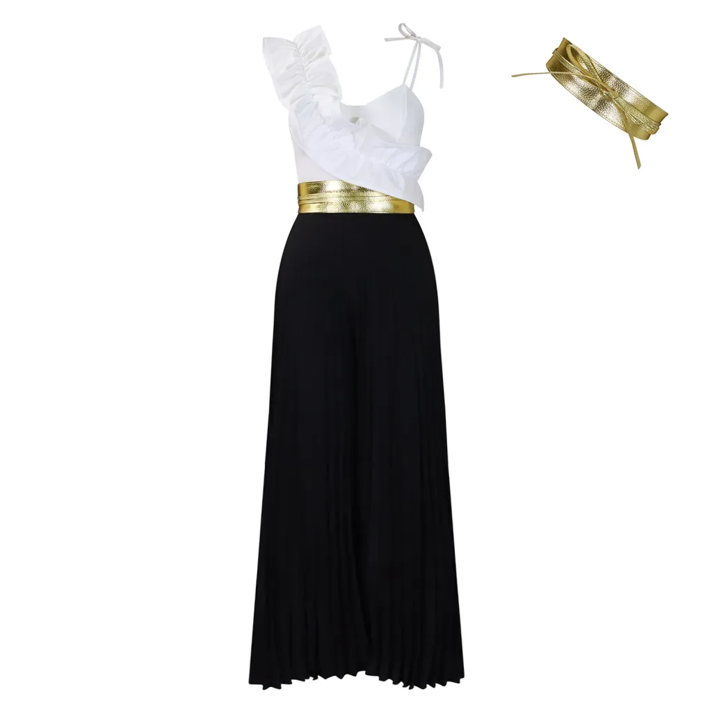 Top Wide Leg Pants Fashion Suit - Black Belt