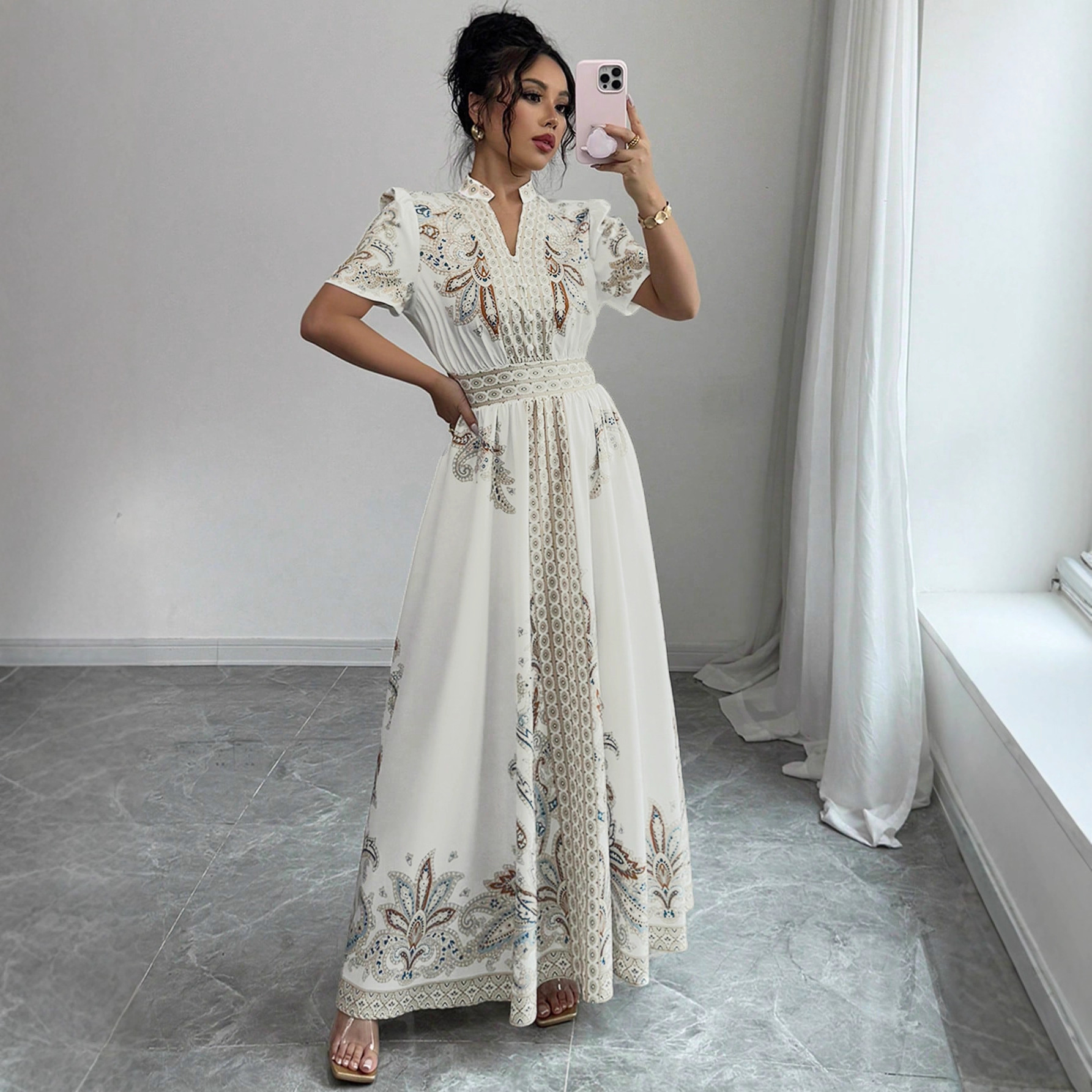 Paisley-patterned, High-waisted, Stand-collar Lace-trimmed, Draping Maxi Dress