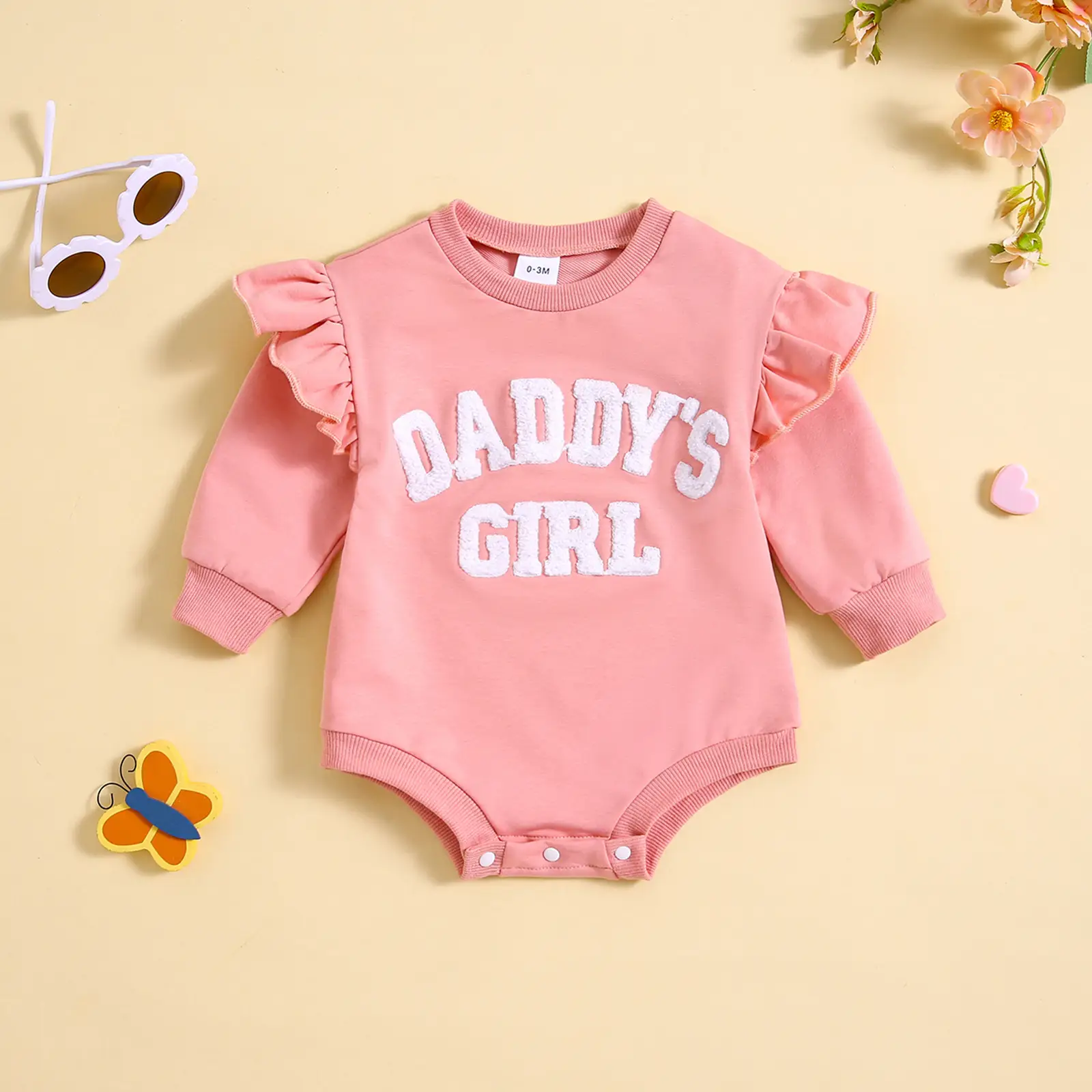 Girls' Fashionable Round Neck Flounced Sleeve Letter Romper