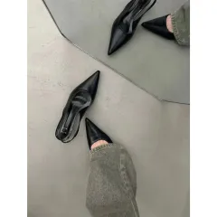 Tip In Silver Back Strap Small Heel Shoes - Black - View 1