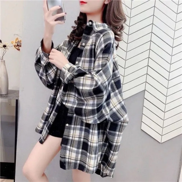 Loose fitting Korean style Plaid Shirt For Women Black - Shop at LoveMi