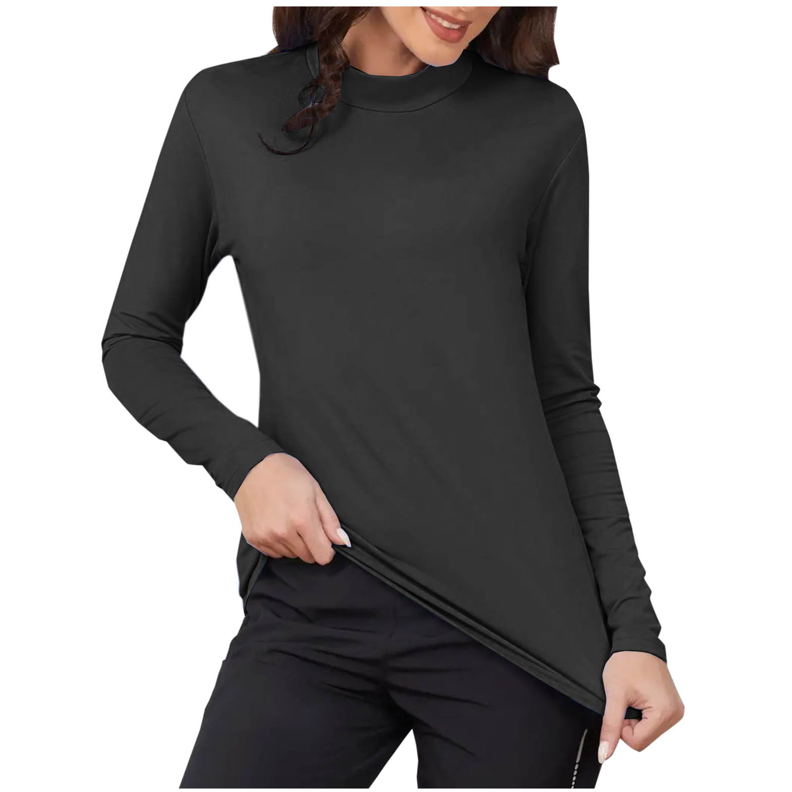 Solid-color Mock-neck Slim-fit Fleece-lined Womens Base Layer Top