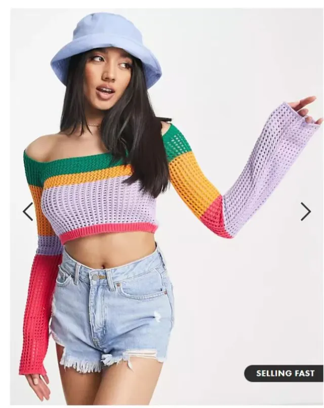 Multicolor Openwork Knitted Top Short Loose Off Shoulder Long Sleeve Sweater Multicolor - Shop at LoveMi