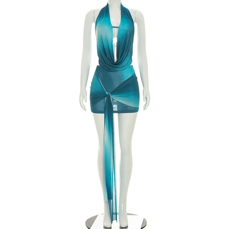 Womens Printed Halterneck Backless Top With Ties And Bodycon Mini Skirt Two-Piece Set 2