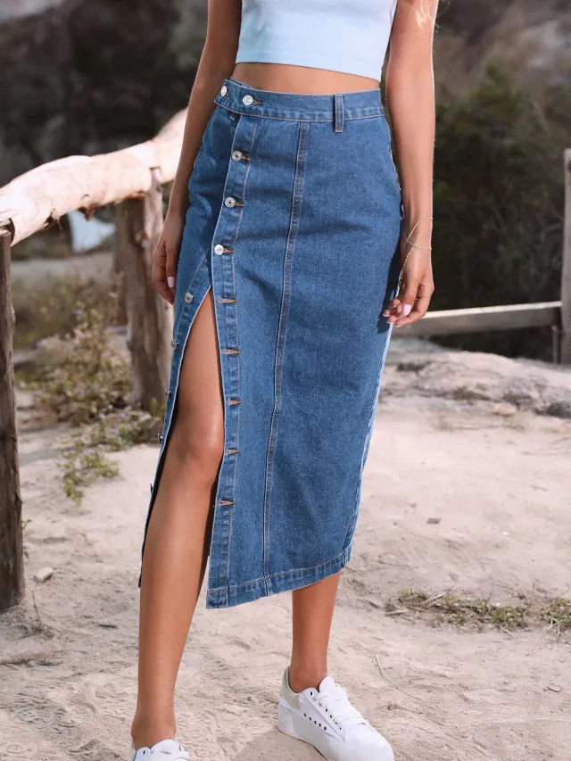 Button Irregular Slit Skirt Denim High Waist Long Skirt Garment Wash Medium Blue - Shop at LoveMi