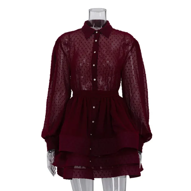 Lapel collar Long sleeve Single breasted Button up Belted Shirt Dress Red - Shop at LoveMi