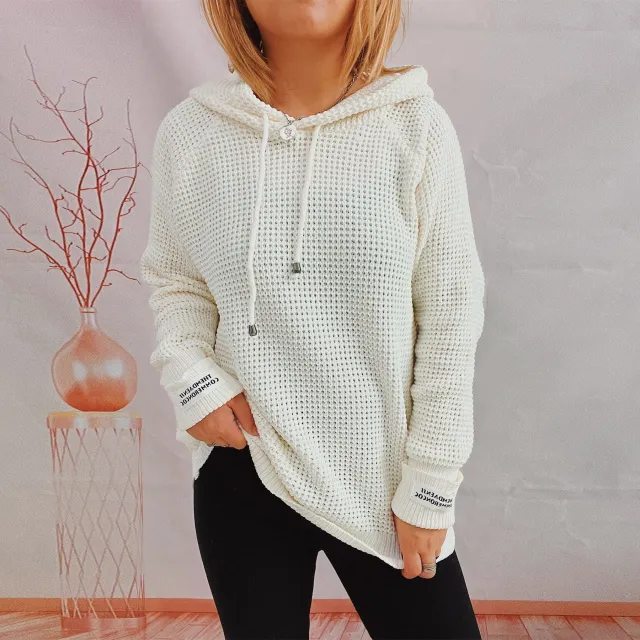 Women's Loose Hooded Knitted Patch Solid Color Sweater Beige - Shop at LoveMi