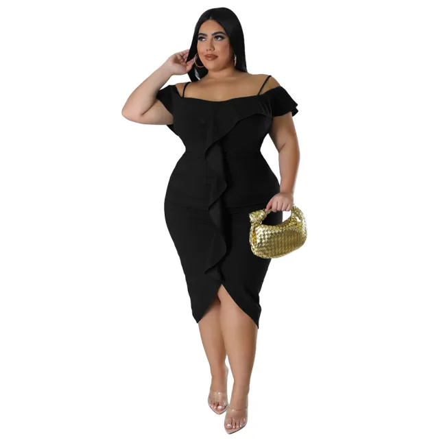 Solid color Dress Halter neck Midi Skirt Black - Shop at LoveMi