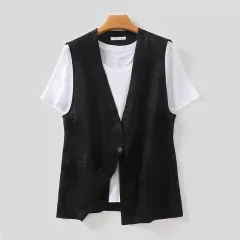 Japanese Style Vest Jacket Loose Casual Cotton Top - Black - View 1
