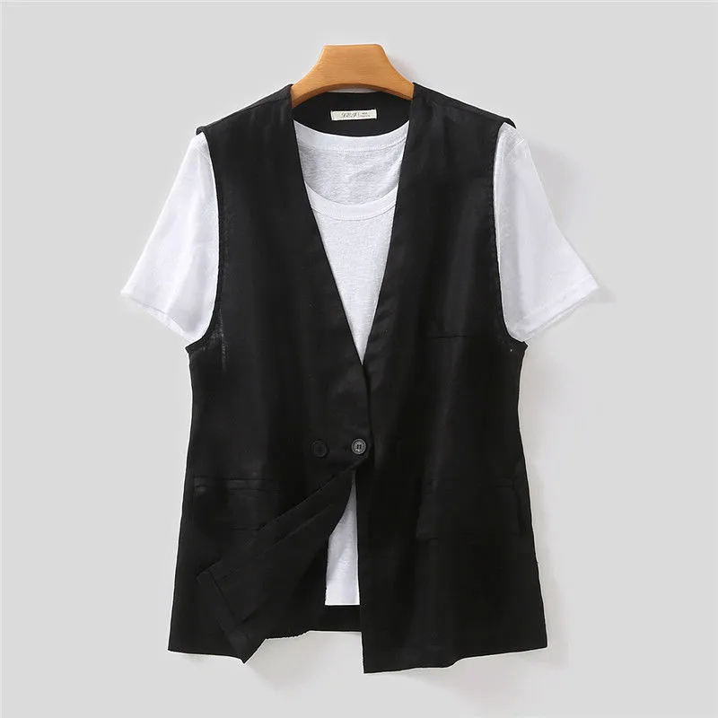 Japanese Style Vest Jacket Loose Casual Cotton Top - Black