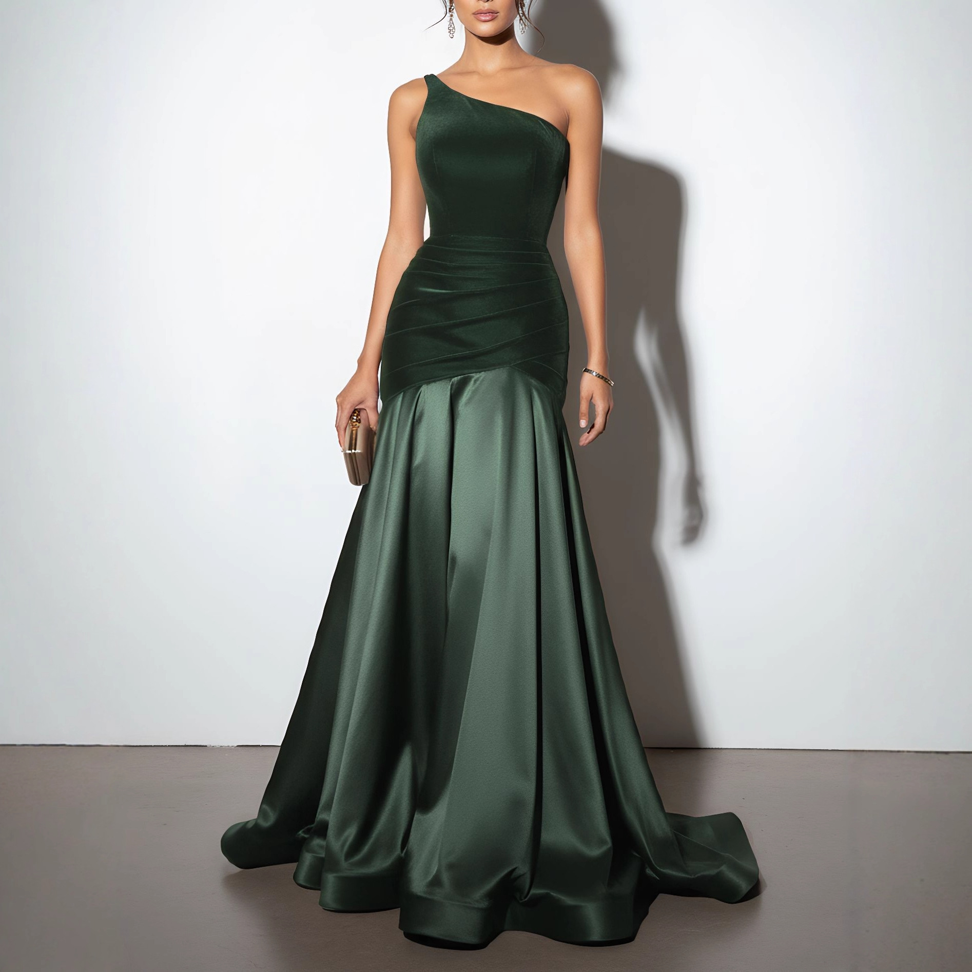 Womens Solid-Color Velvet Patchwork Evening Dress