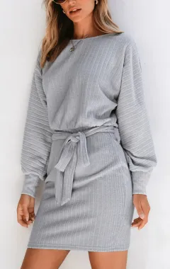 Belt Decorative Long Sleeve Sunken Stripe Woolen Knit Dress - Grey - View 1