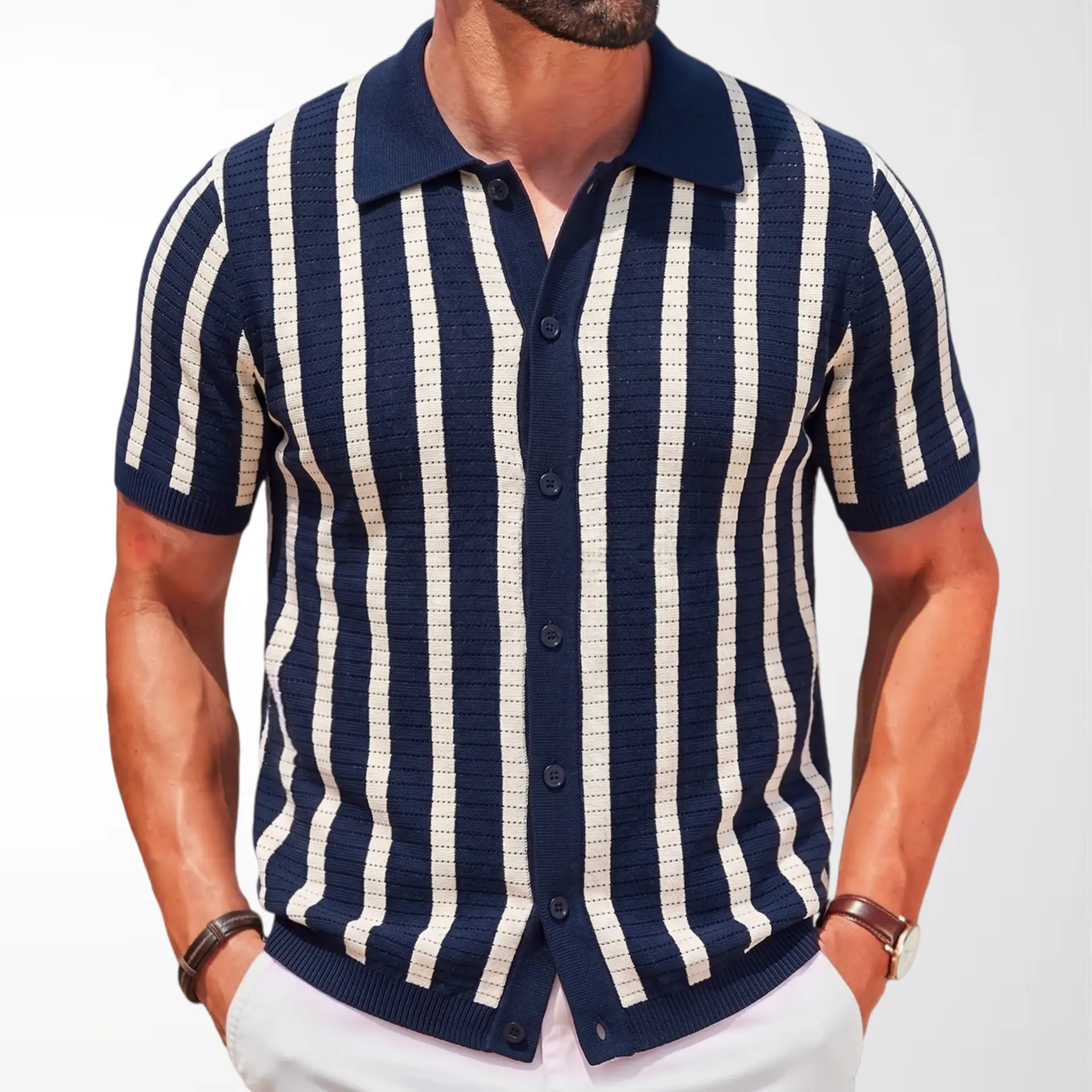 Striped Jacquard Short-sleeve Knit Top