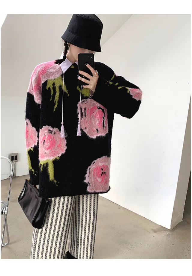 Autumn And Winter Lazy Style Retro Jacquard Mid length Pullover Knitted Sweater Black Pink - Shop at LoveMi