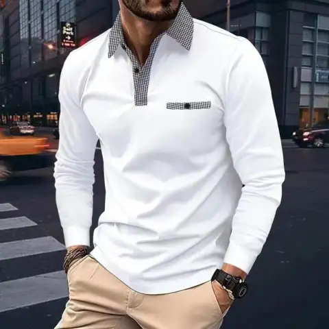 Leisure Plaid Lapel Polo Shirt Fashion Solid Color Long