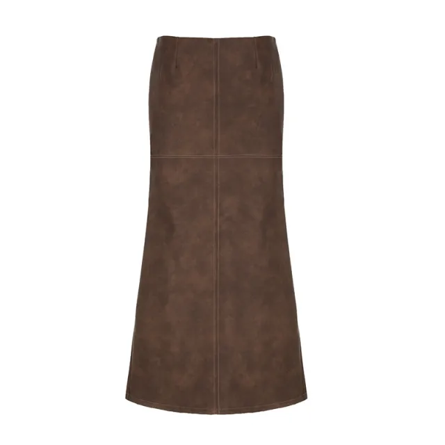 Retro Style Distressed Leather Skirt Brown - Shop at LoveMi