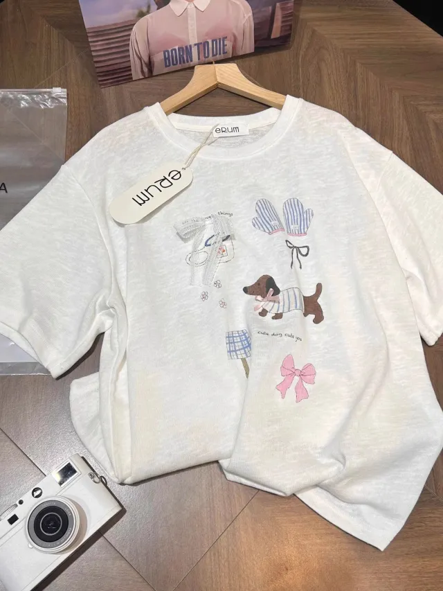 Loose Top Bow Print Cotton Crew Neck Short Sleeves T shirt White - Shop at LoveMi