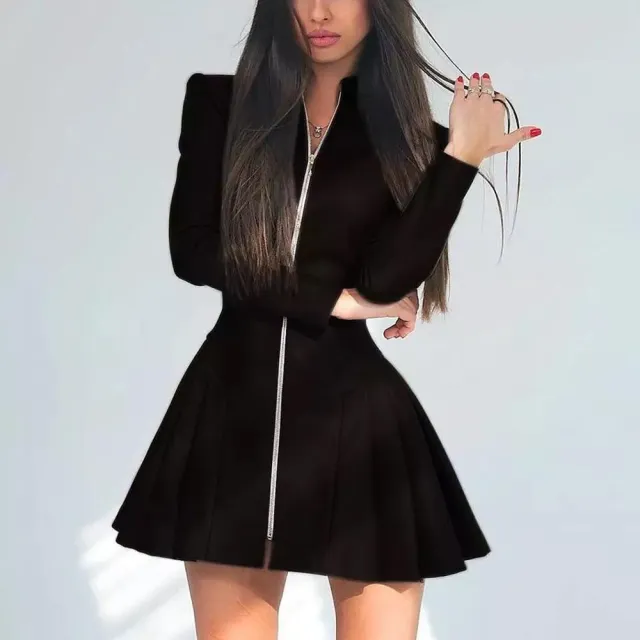 Women's Fashion Slim Fit Long Sleeve Pleated PU Leather Zipper Dress Black - Shop at LoveMi