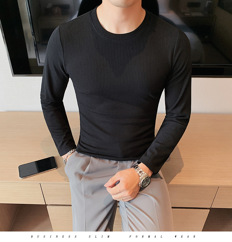 British Fashion Trendy Round Neck Slim Fit Solid Color Casual Long Sleeves