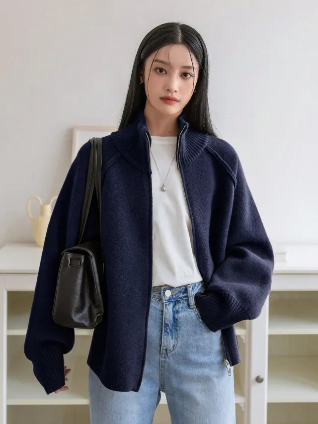 Solid Color Stand Collar Zipper Knitted Cardigan Top Navy Blue - Shop at LoveMi