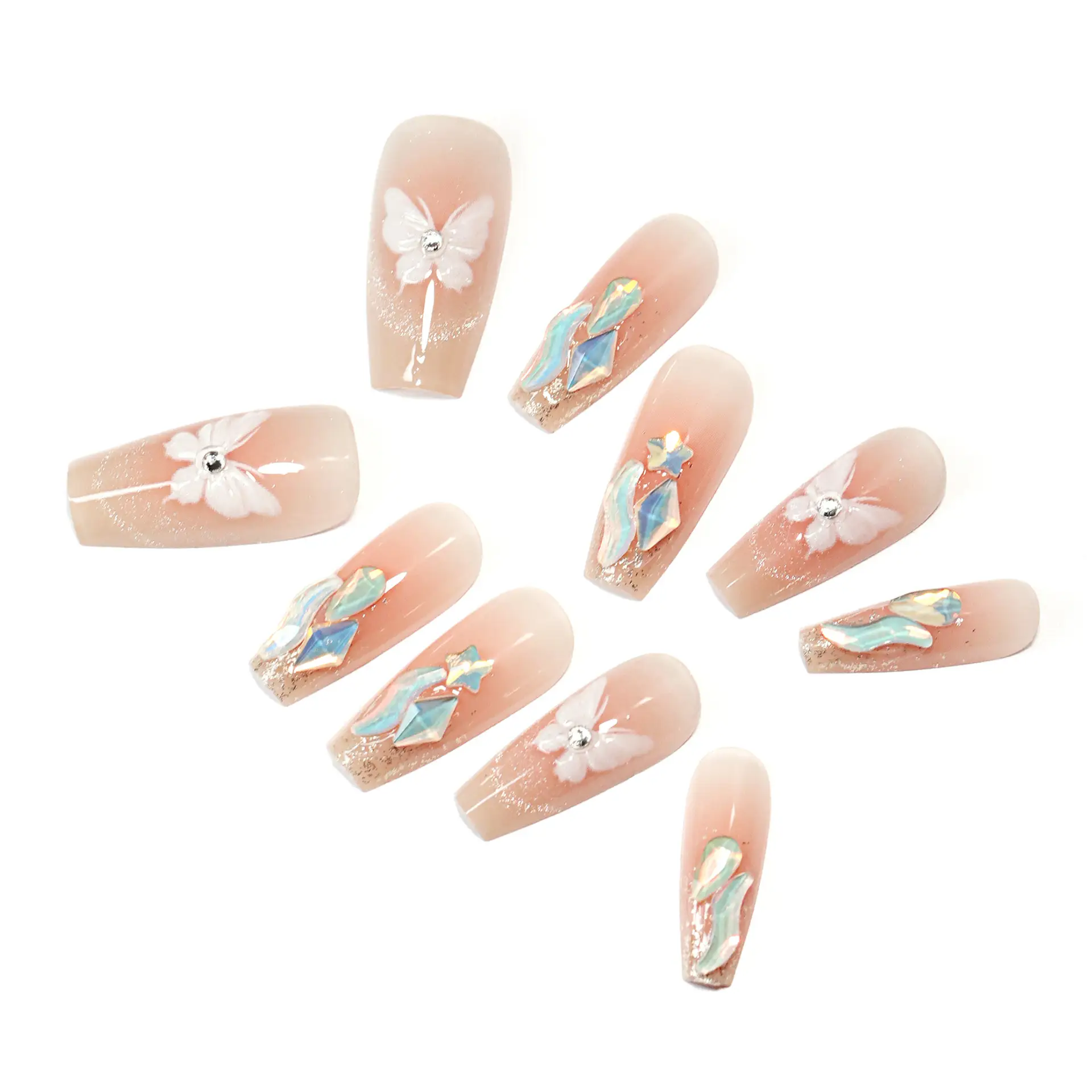 French Cat Eye Aurora Diamond Manicure Blush Butterfly