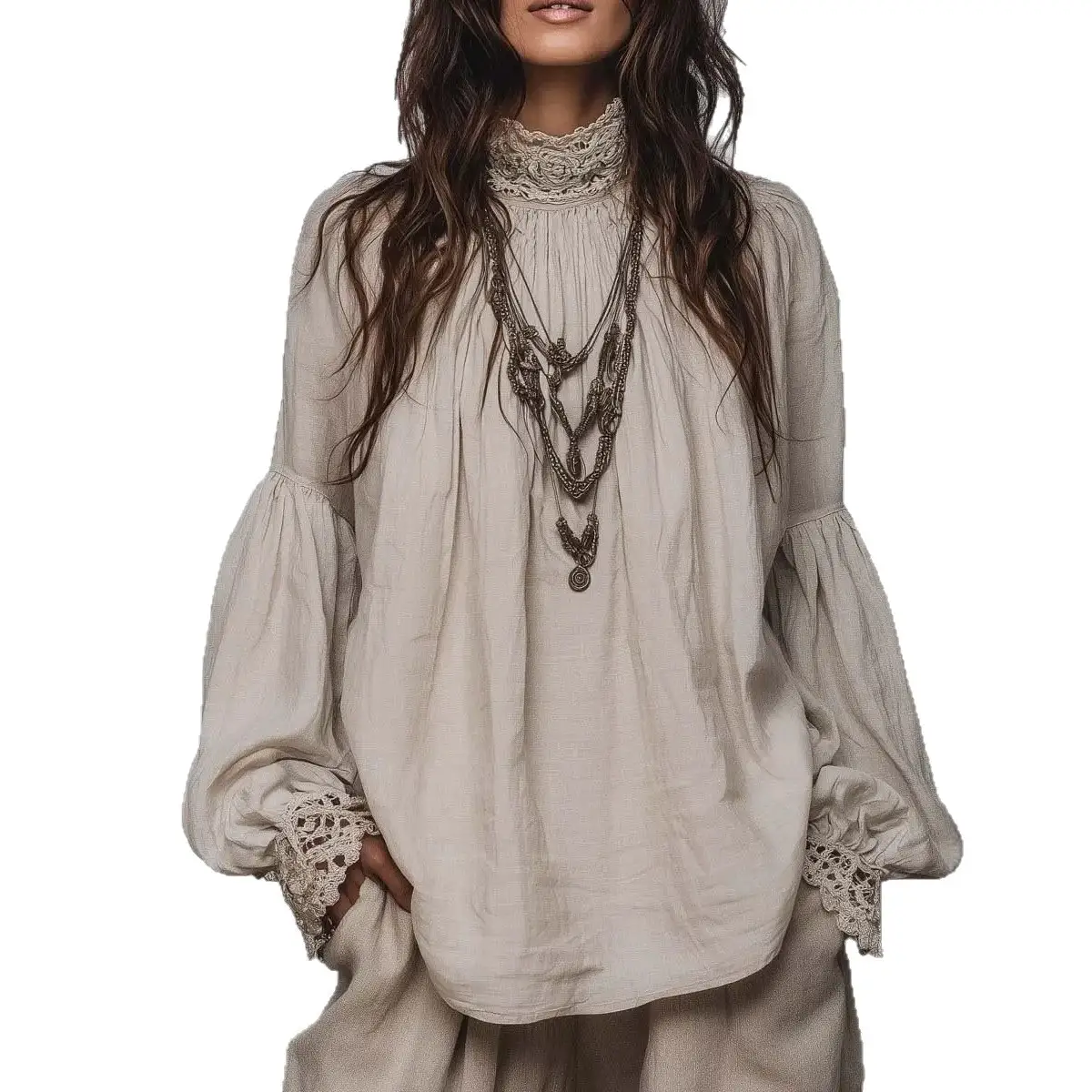 Womens Lace Mock-Neck Bell-Sleeved Loose-Fitting Vintage Long-Sleeve Shirt