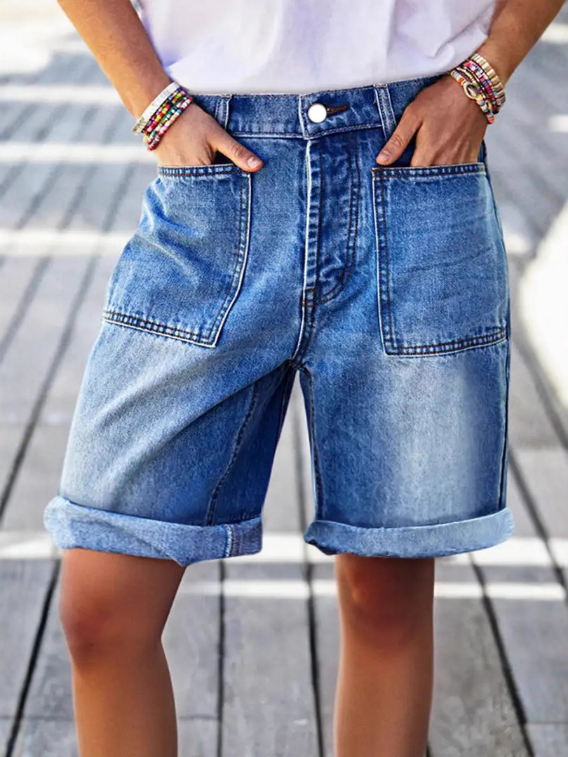 Comfort Stretch Mid-Rise Bermuda Straight-Leg Denim Shorts Comfort Stretch Mid-Rise Bermuda Straight-Leg Denim Shorts