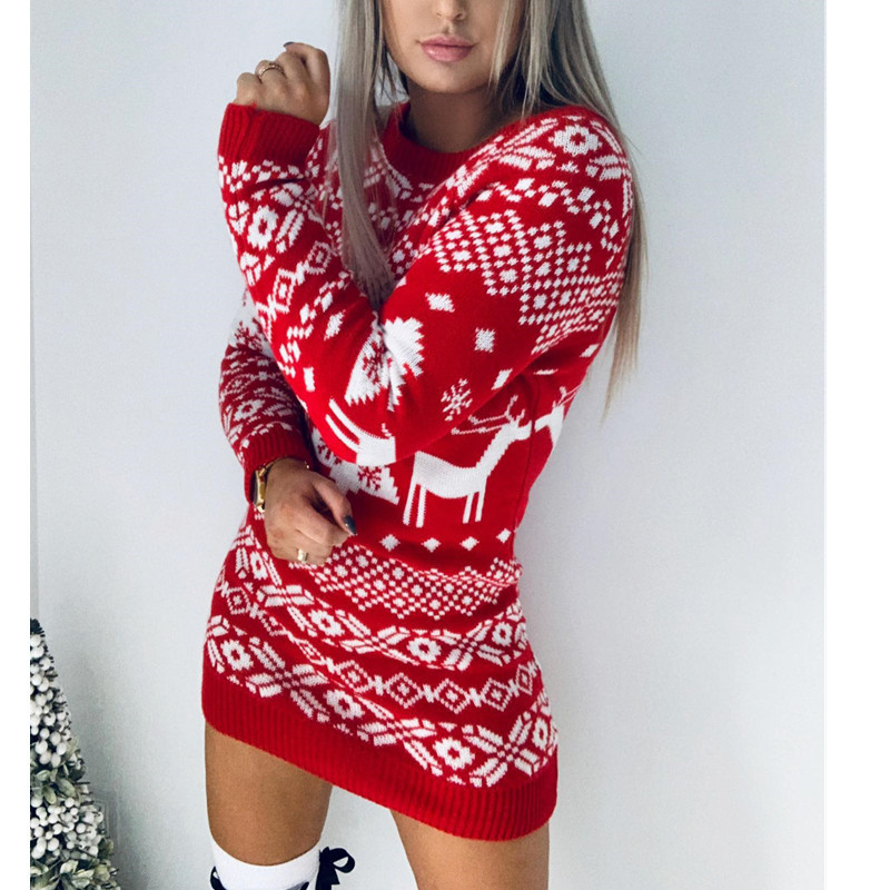 Women's Fashion All-match Christmas Theme Knitted Long-sleeved Dress