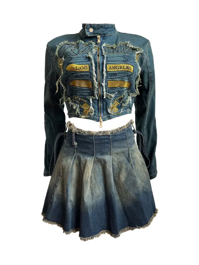 Embroidered Top Pleated Skirt Suit Blue - Shop at LoveMi
