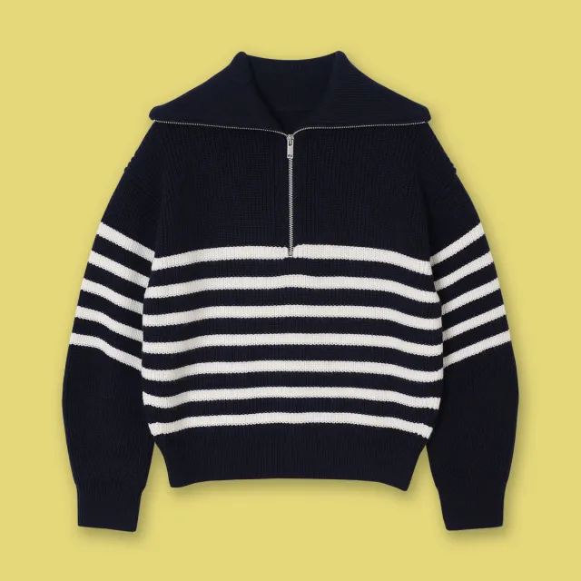 Casual Style Neck Wool Blend Knit Sweater Navy Blue Stripes - Shop at LoveMi