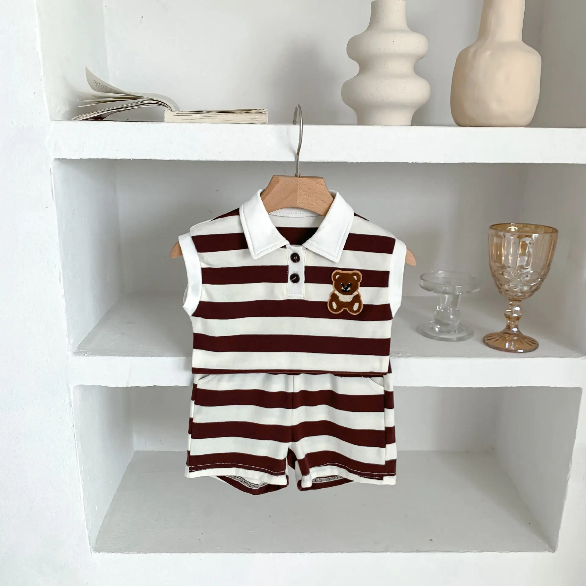 Baby Western Style Striped Lapel Bear Vest Shorts Set