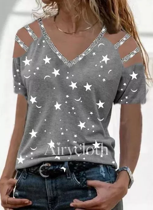Summer Printed V neck Multi color Women's T shirt Dark Gray - Shop at LoveMi