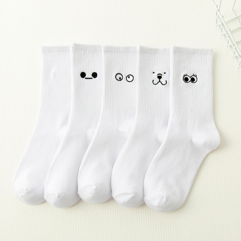 White Japanese Cartoon Embroidery Tube Socks