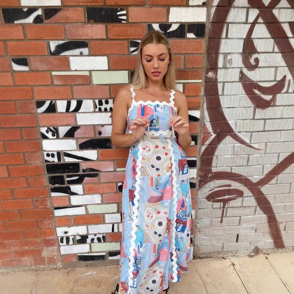 Spaghetti-strap Floral Print Lace Stitching Dress