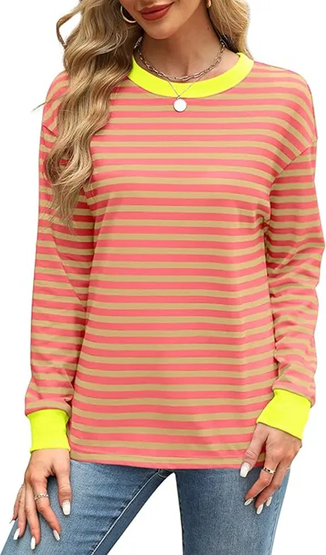 Fashion Color Contrast Loose Round Neck Striped Long Sleeve Orange Yellow - Shop at LoveMi