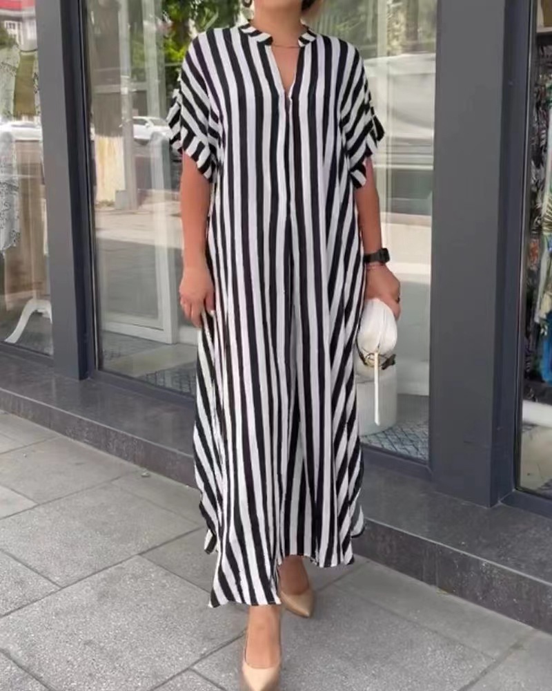 Fashion Side Slit Striped Cardigan Short Sleeve Dress