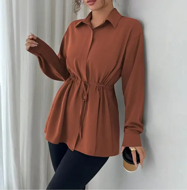 Solid Color Casual Women's Long sleeved Shirt Brown - Shop at LoveMi