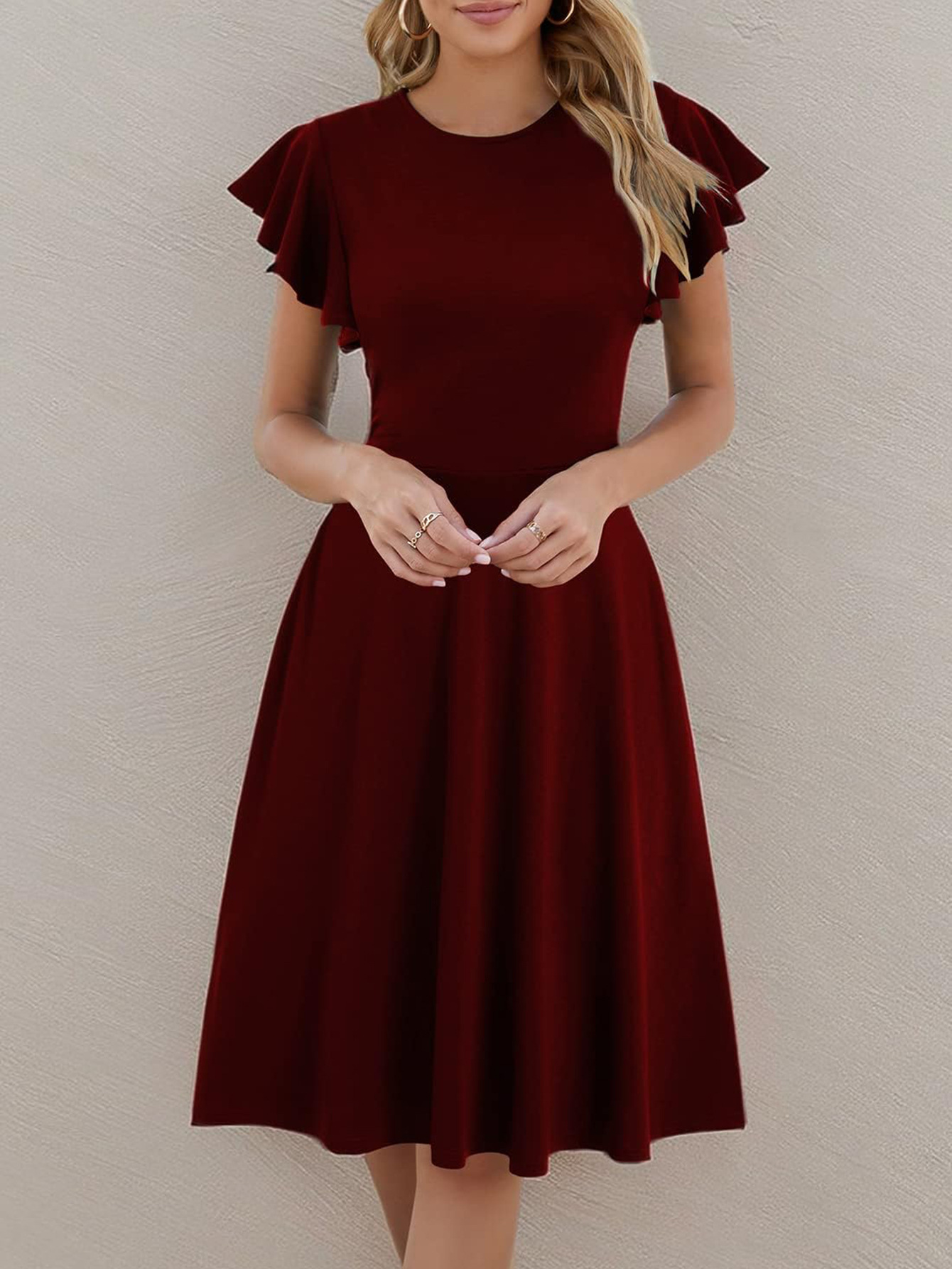 Short Sleeve Round Neck Elegant Ruffle Sleeve Solid Color Casual Mid length Dress Red - Shop at LoveMi