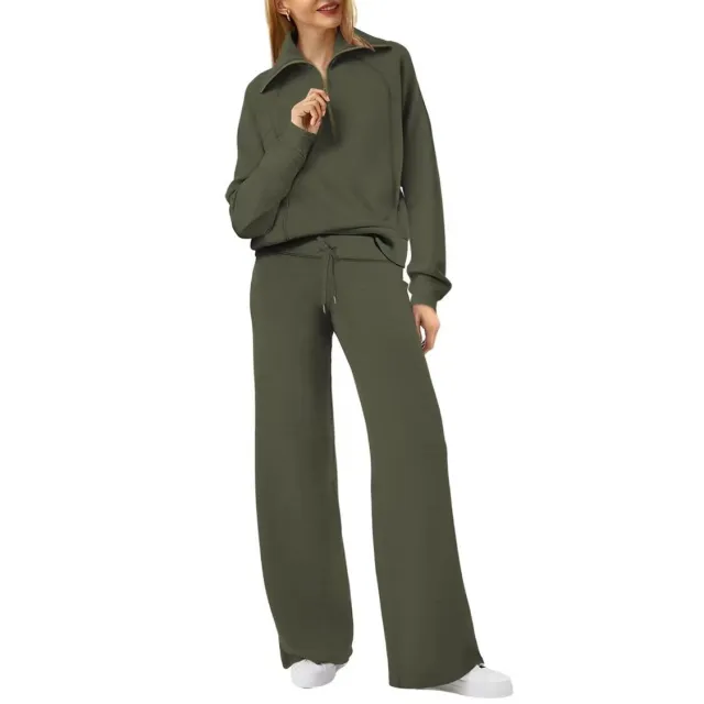 Oversized Half Zip Sweatshirt Wide Leg Track Pants Casual Suit Women Army Green - Shop at LoveMi