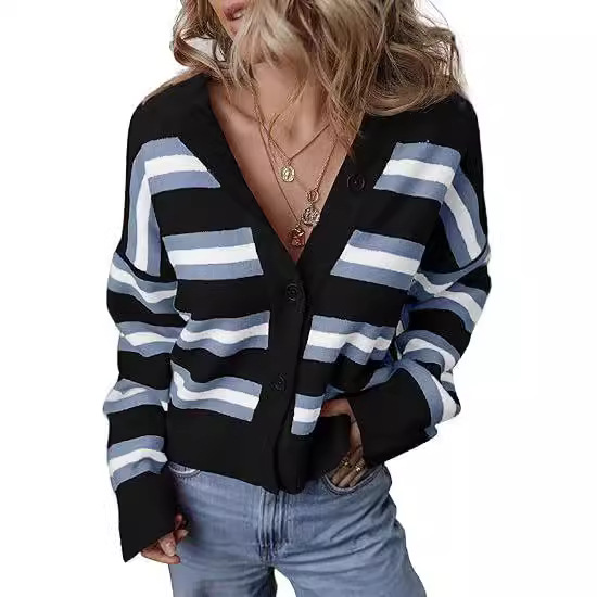 Striped Color Stitching Knitted Cardigan Women's Clothing - Image 4
