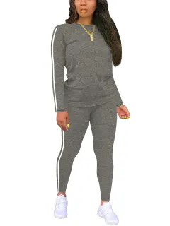 Women's Round-neck Long-sleeve Top And Pants Two-piece Set - Dark Gray - View 1