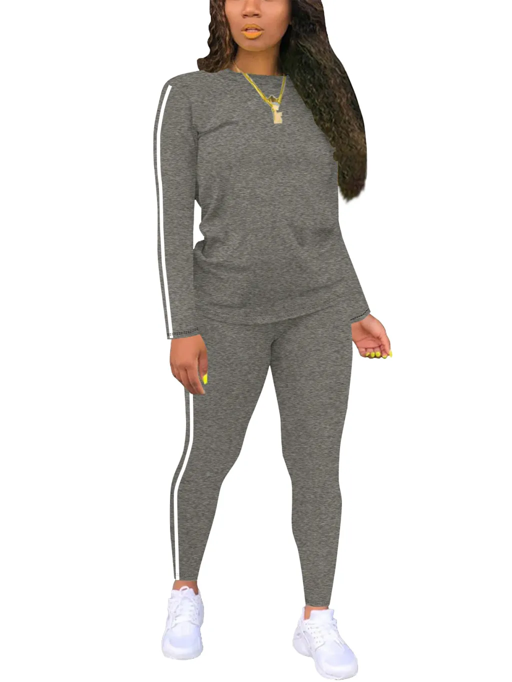 Women's Round-neck Long-sleeve Top And Pants Two-piece Set - Dark Gray