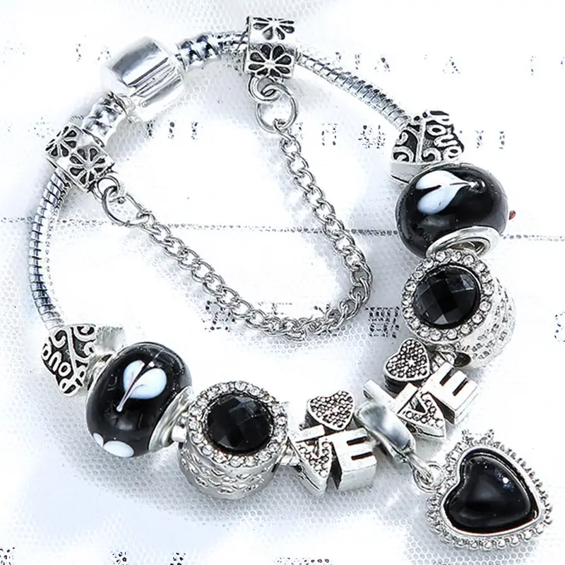 Boutique Diy Handmade Love IOVe Letter Bracelet Black Butterfly Beaded Inlaid Opal Peach Heart Pendant