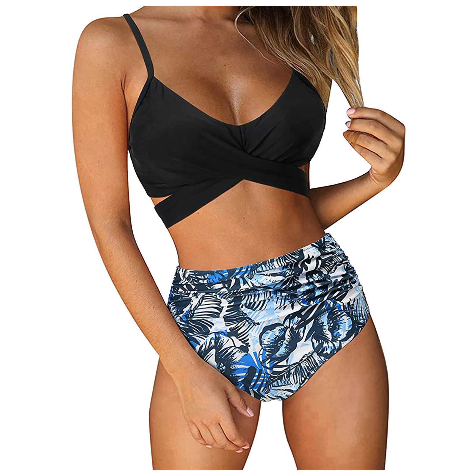 Swimsuit European And American Cross High Waist With Straps Printed Split Ladies