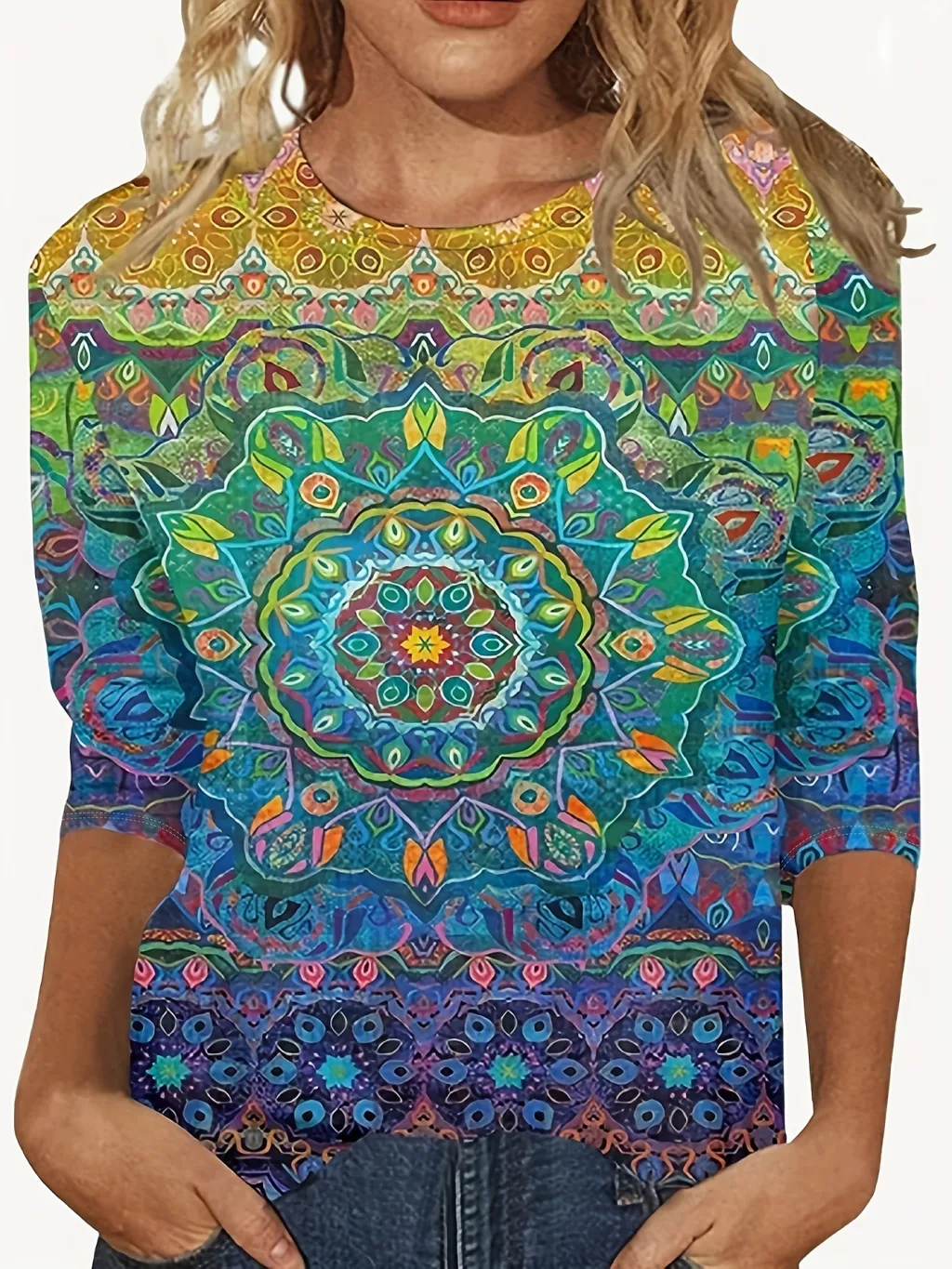 European And American Flower Plant Printed Round Neck Long Sleeve - 1Color-L