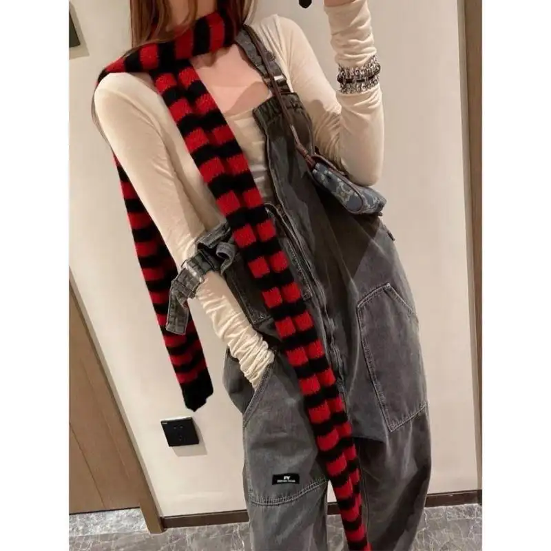 Yabi Style Culture Punk Y2g Black And Red Striped Scarf Extra Long Thermal Knitting Wool