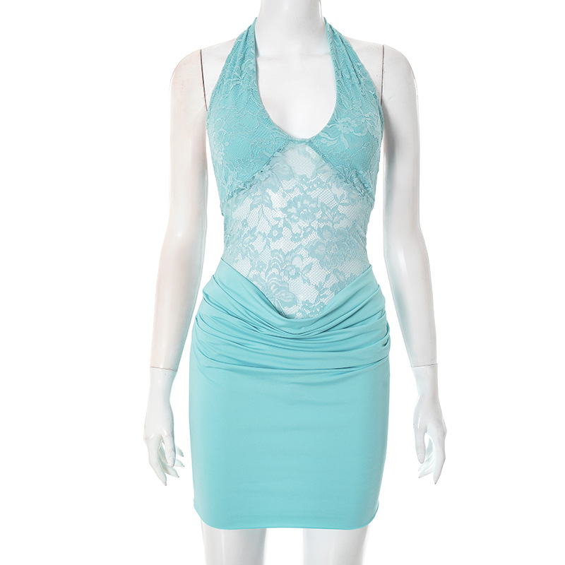 Halter Strap Backless Ruffle Hip Short Skirt Lace Stitching Dress Women Blue - Shop at LoveMi