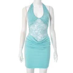 Halter Strap Backless Ruffle Hip Short Skirt Lace Stitching Dress Women - Blue - View 1