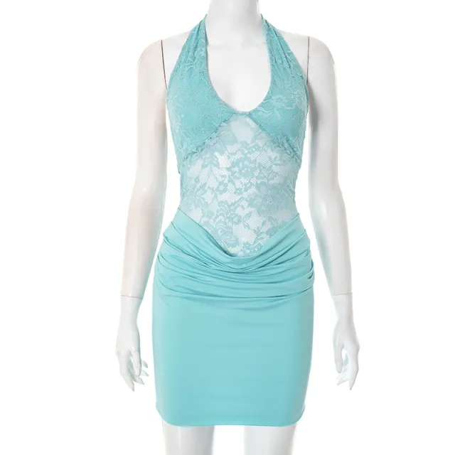 Halter Strap Backless Ruffle Hip Short Skirt Lace Stitching Dress Women Blue - Shop at LoveMi