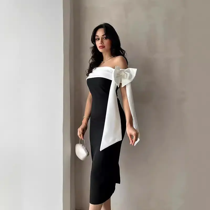 Women's Off-shoulder Bow Black And White Color